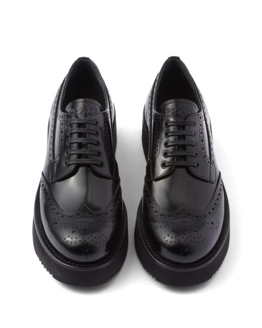 Prada Black Brushed-Leather Lace-Up Shoes