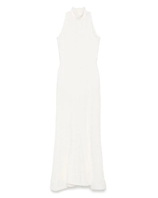 MSGM White Maxi Dress With High Neckline And Fitted Bodice