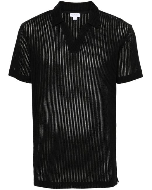Sunspel Black Linear Mesh Design Polo Shirt for men