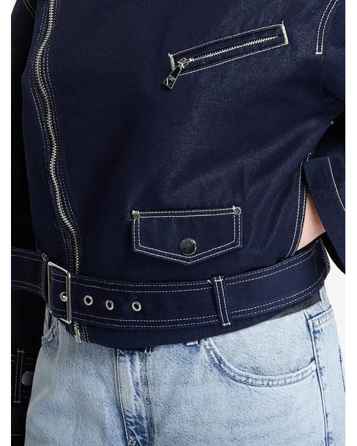Guess Blue Belted Contrast-Stitch Biker Jacket