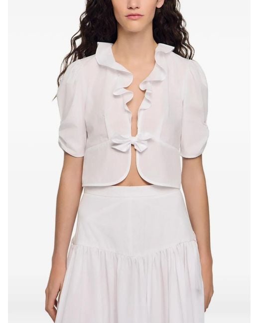 Sandro White Ruffled Crop Top