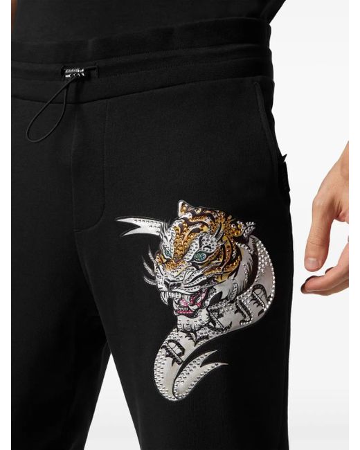 Philipp Plein Black Tiger-Appliqué Drawstring Track Pants for men