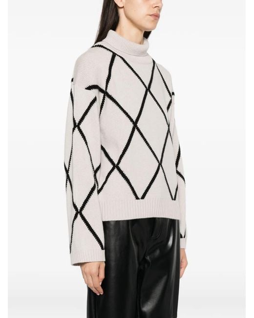 Allude Natural Argyle-Pattern Roll-Neck Sweater