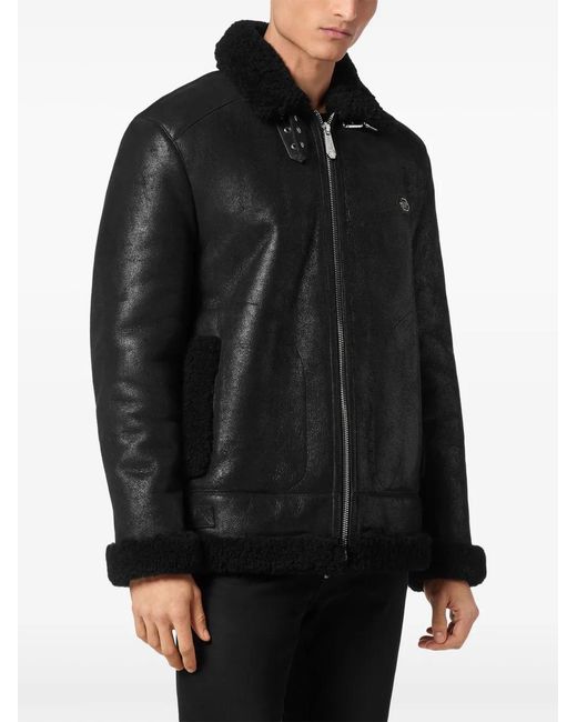 Philipp Plein Black Shearling Biker Jacket for men
