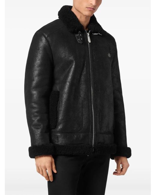 Philipp Plein Black Shearling Biker Jacket for men
