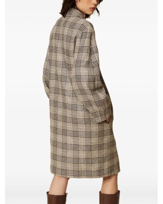 Twinset Natural Chequered Wool Cloth Coat With Sequins