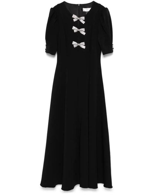 Nissa Black Crystal-Bow Crepe Midi Dress