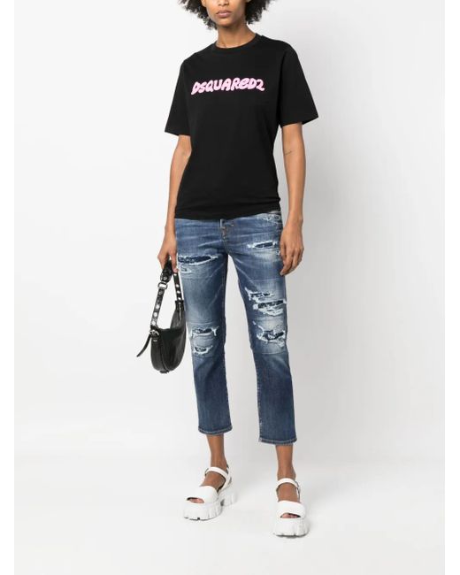DSquared² Blue Distressed Logo-Patch Cropped Jeans