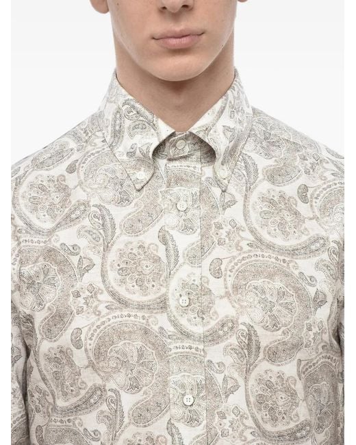 Brunello Cucinelli White Paisley-Print Button-Down Cotton Shirt for men