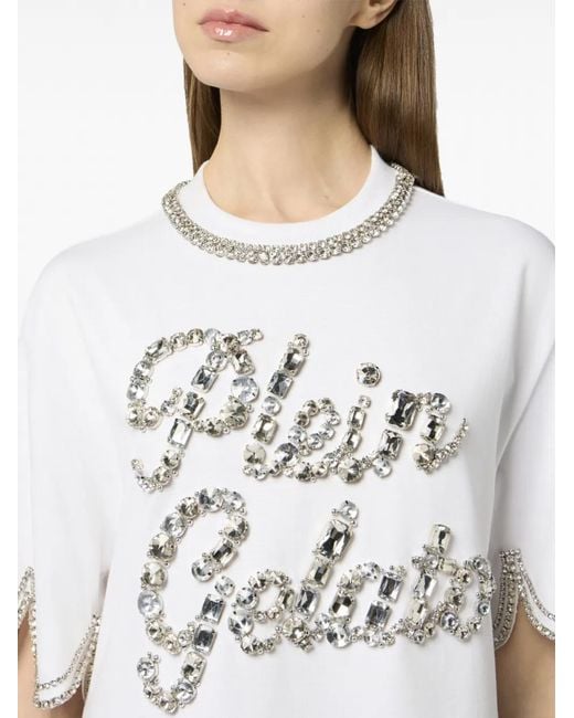 Philipp Plein White Crystal Waves Cropped T-Shirt