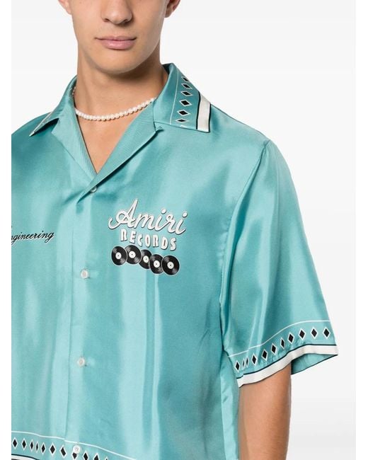 Amiri Blue Record Print Short Sleeve Silk Camp Shirt for men