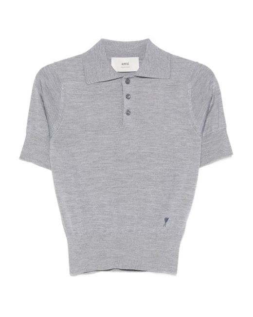 AMI Gray Ami De Coeur Fine-Knit Wool-Silk Polo Shirt