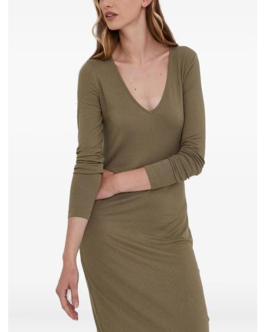 Samsøe & Samsøe Green Ribbed V-Neck Maxi Dress