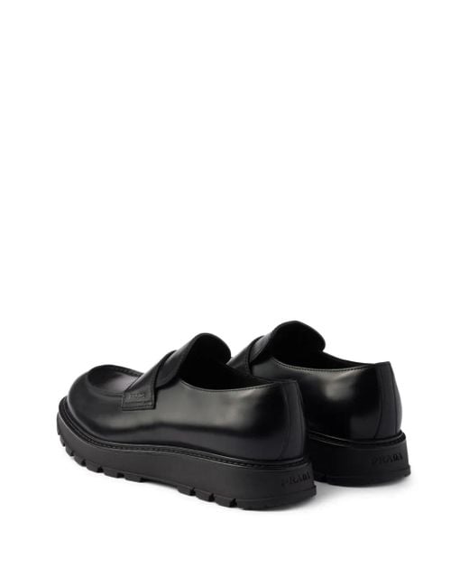 Prada Black Brushed-Leather Penny Loafers for men
