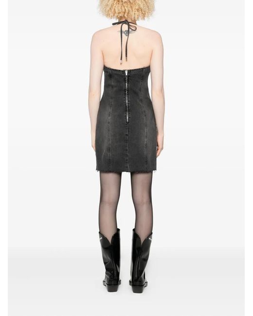 Blumarine Black Halter-Neck Frayed Denim Dress