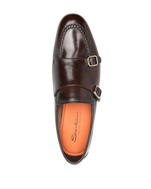 Santoni Brown Buckled Leather Monk Shoes for men