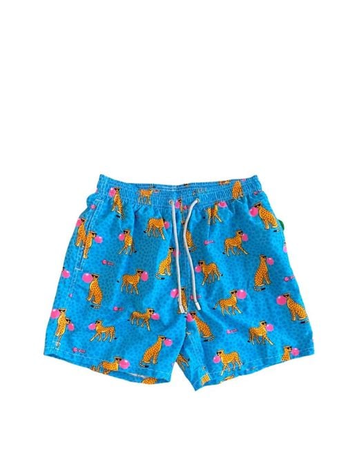 Mc2 Saint Barth Blue Cheetah-Print Drawstring Swim Shorts for men