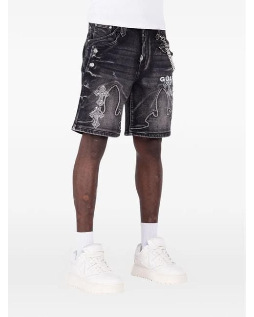 GUAPI Blue Rhinestone Gothic Denim Shorts for men