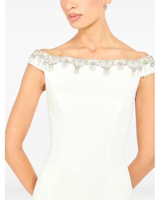 Jenny Packham White Valorie Beaded Off-Shoulder Midi Dress