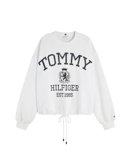 Tommy Hilfiger White Crest Logo-Print Drawstring-Hem Sweater