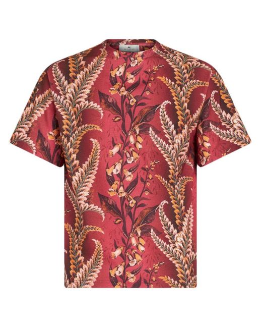 Etro Red Foliage-print Cotton T-shirt for men