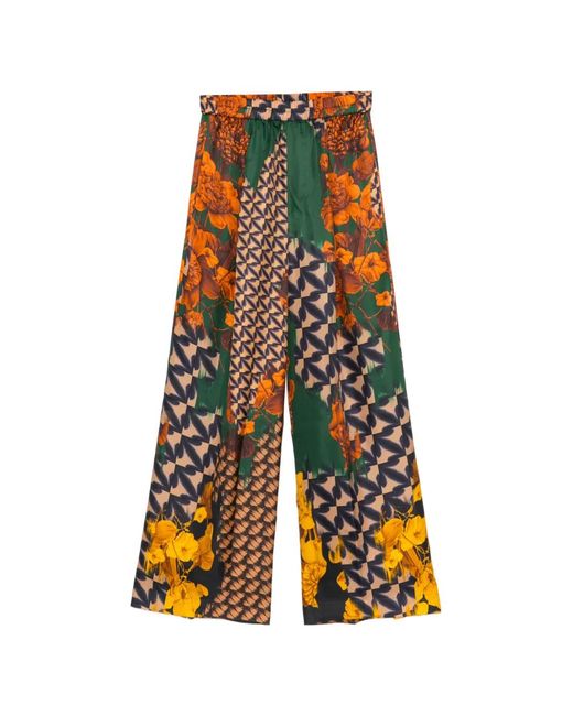 Biyan White Printed Silk Trousers