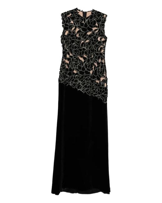 Costarellos Black Serisa Embellished Lace-Trimmed Velvet Gown