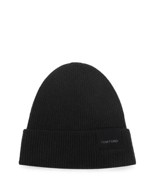 Tom Ford Black Logo-Patch Ribbed-Knit Beanie Hat for men