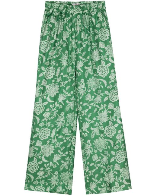 Alberto Biani Green Floral-print Straight Trousers