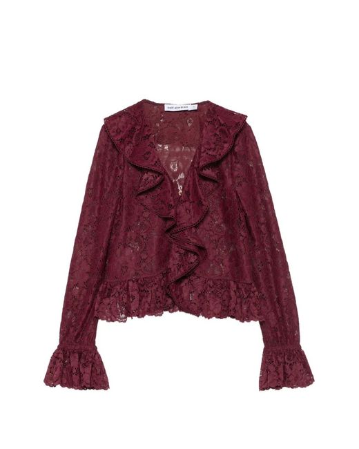 Self-Portrait Red Ruffled Lace-Overlay Top