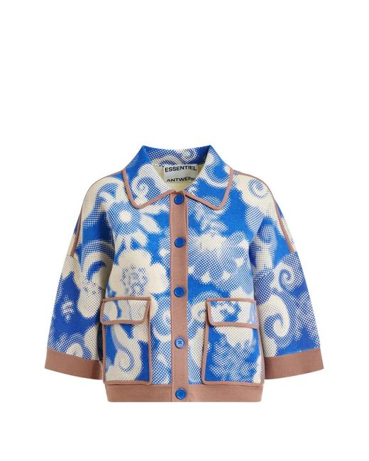 Essentiel Antwerp Blue Floral Contrast-Trim Cardigan
