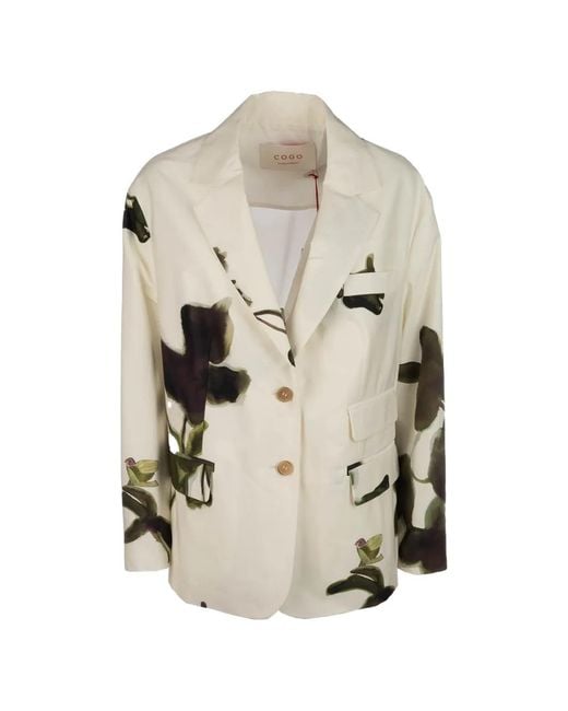 Co.Go White Floral-Print Cotton Blazer