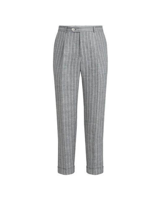 Brunello Cucinelli Gray Chalk-Stripe Linen Twill Trousers With Pleat for men