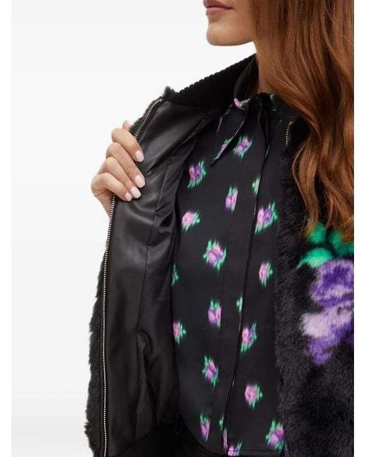 Silvian Heach Black Floral-Print Bomber Faux-Fur Jacket