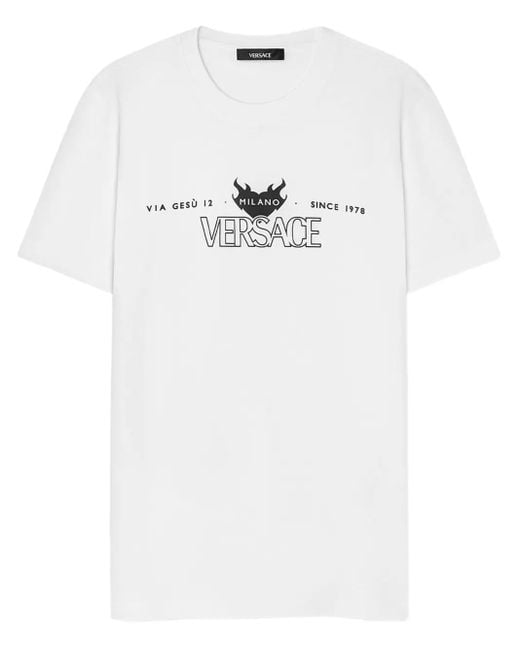 Versace White Graphic Print T-Shirt With Flame Motif for men