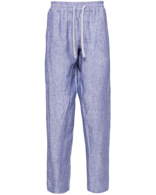 Fedeli Blue Bonifacio Striped Tapered Linen Trousers for men