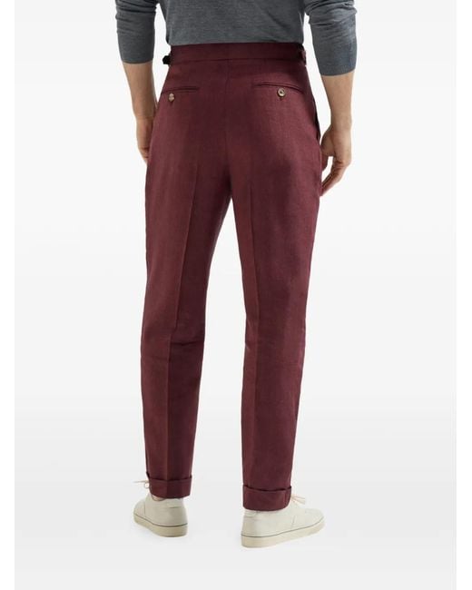 Brunello Cucinelli Red Linen And Virgin Wool Chevron Trousers With Double Pleats And Waist Tabs for men
