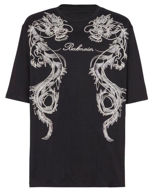 Balmain T-Shirt mit Drachenstickerei in Black für Herren