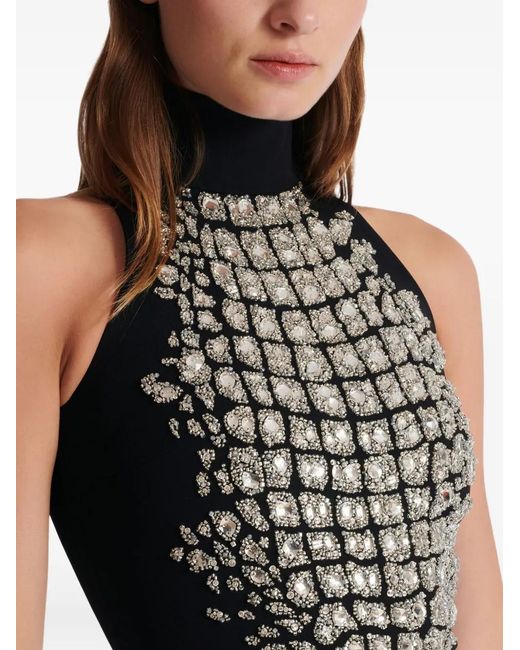 Balmain Black High-Neck Embellished Slit Maxi Dress