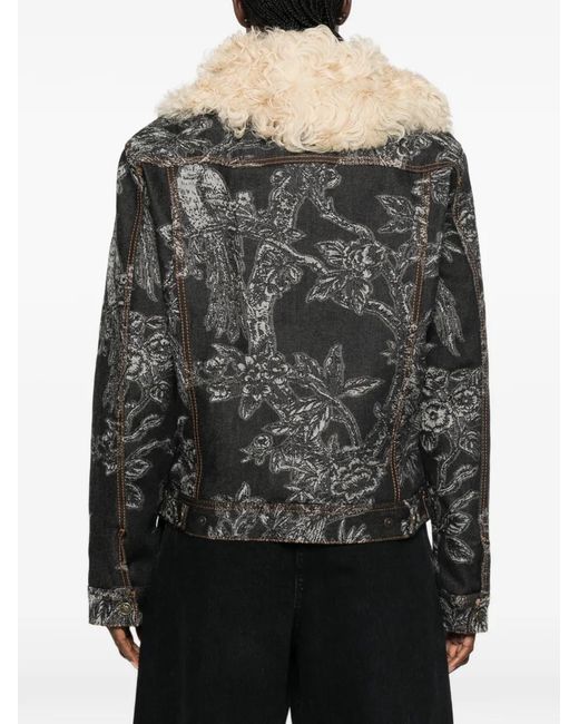 Etro Black Floral-Print Shearling-Collar Jacket