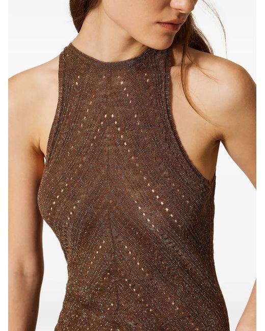 Twinset Brown Long Linen Knit Dress With Lurex