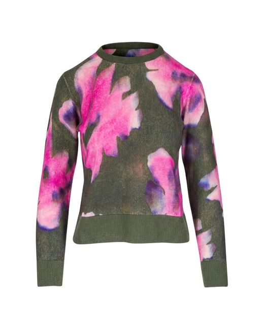 Kinross Cashmere Green Floral-Print Crew-Neck Sweater