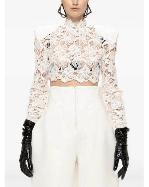 Nissa Natural Structured-Shoulder Lace Crop Top