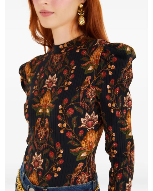 Farm Rio Black Puffed-sleeve Floral-pattern Bodysuit