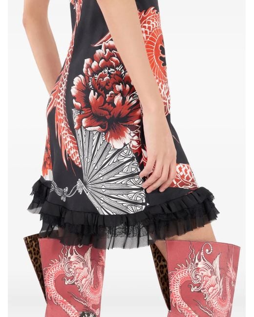 Roberto Cavalli Red Gerüschtes Minikleid Mit Drachen-Print