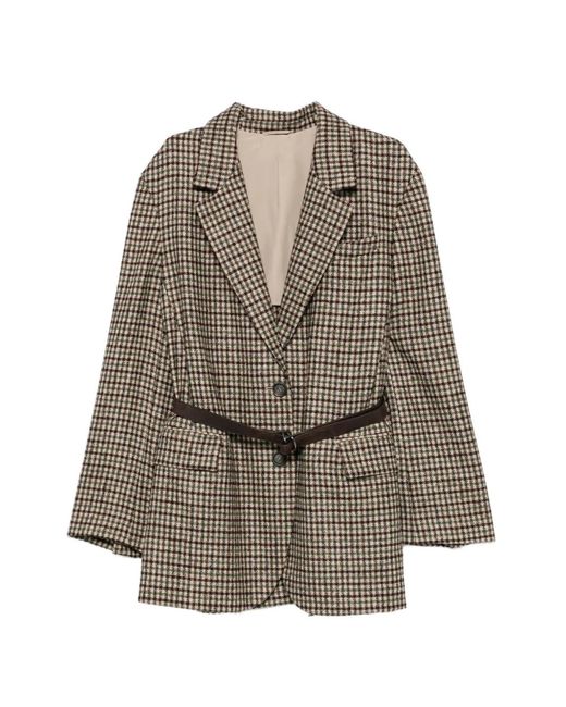 Brunello Cucinelli Brown Blazer Ceinturé À Carreaux