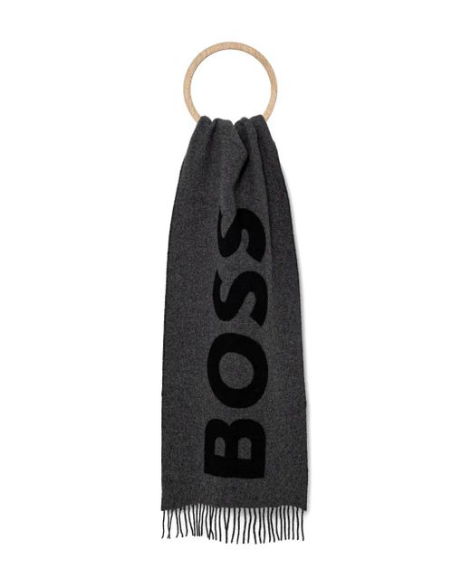 Boss Black Fringed Logo-Detail Scarf for men