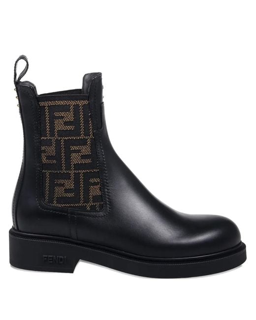Fendi Black Filo Leather And Ff Fabric Biker Boots