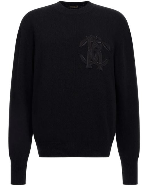 Roberto Cavalli Blue Logo-Embroidered Wool Sweatshirt for men