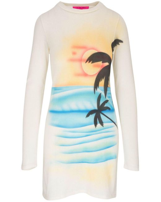 The Elder Statesman Blue Palm Tree-print Sweater Dress